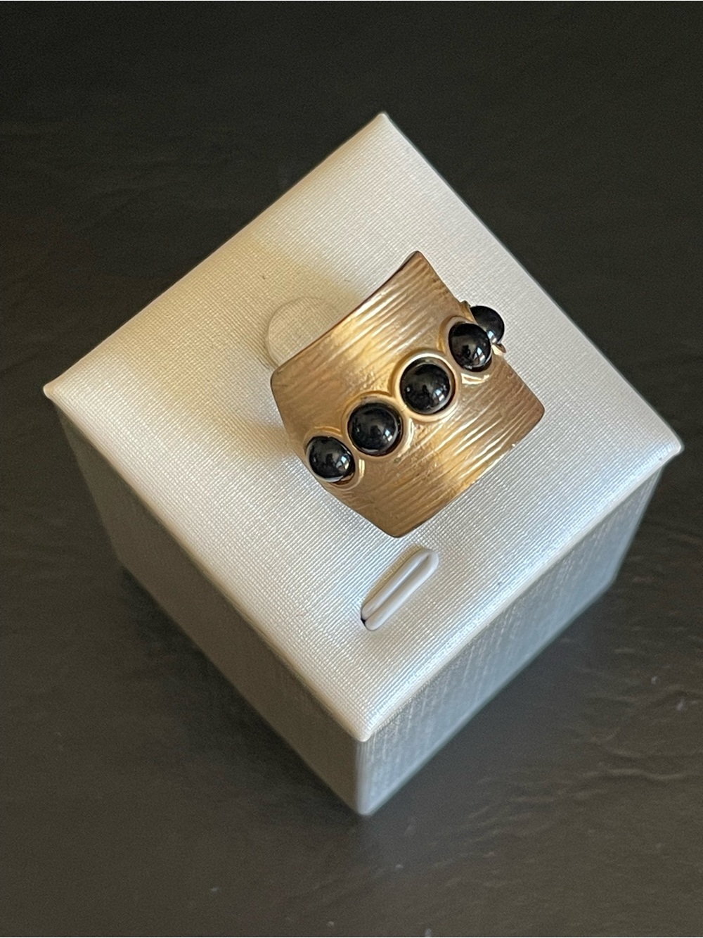 Gold-Tone Wide Band Ring with Black Stone Accents - Picture 3 of 8